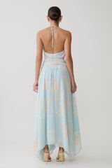 Cyra Plunge Chiffon Midi Dress - Blue Floral Print